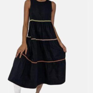 Madewell Maxi Cotton Dress Rickrack Cattail Black Ruffle Tiered XLP